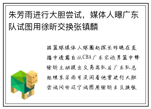 朱芳雨进行大胆尝试，媒体人曝广东队试图用徐昕交换张镇麟
