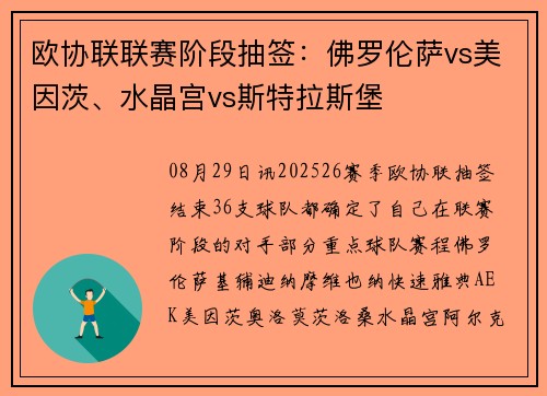 欧协联联赛阶段抽签：佛罗伦萨vs美因茨、水晶宫vs斯特拉斯堡